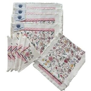 NEW with Tags Vintage Stevens Linen Placemats Napkins Runner Flowers Made in USA